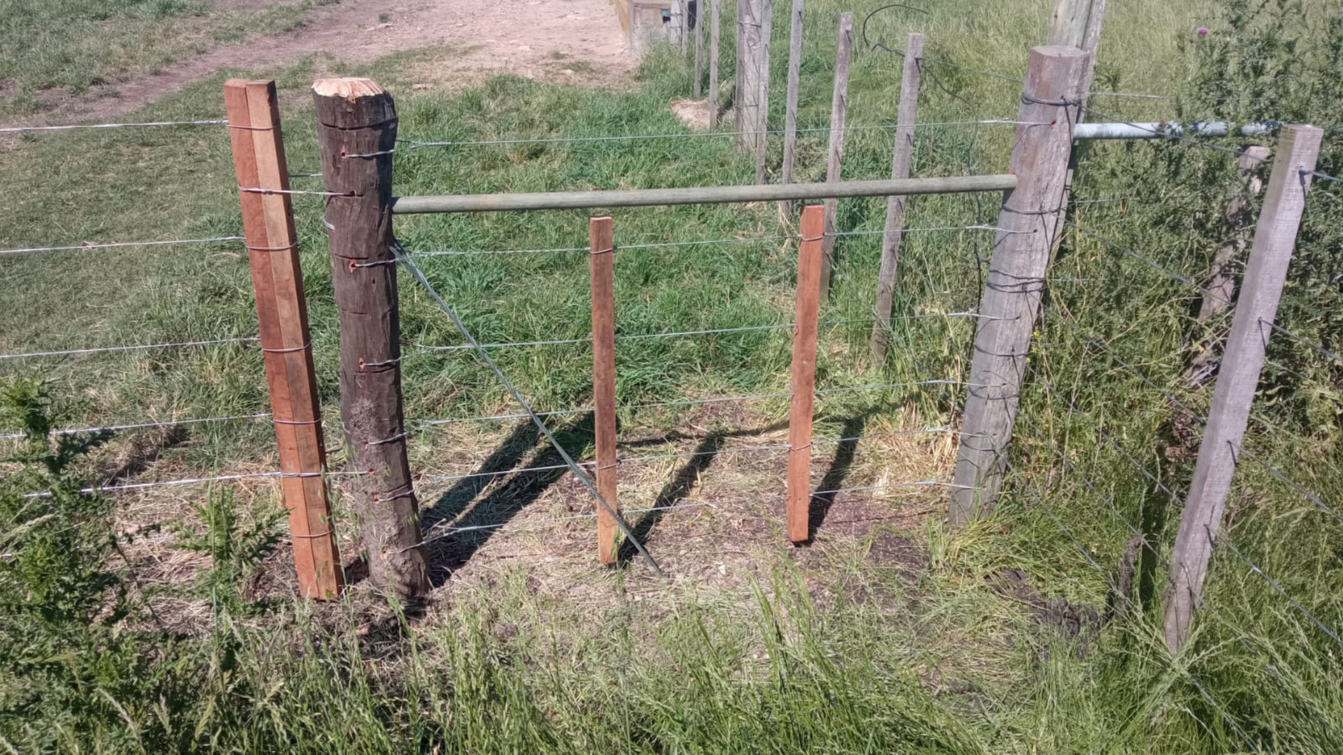 Detalle de postes y tensores de un alambrado